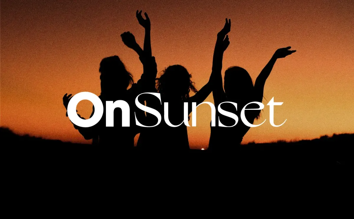 Sunset Beach silohuettes Dancing with People with OnSunset Logo in white
